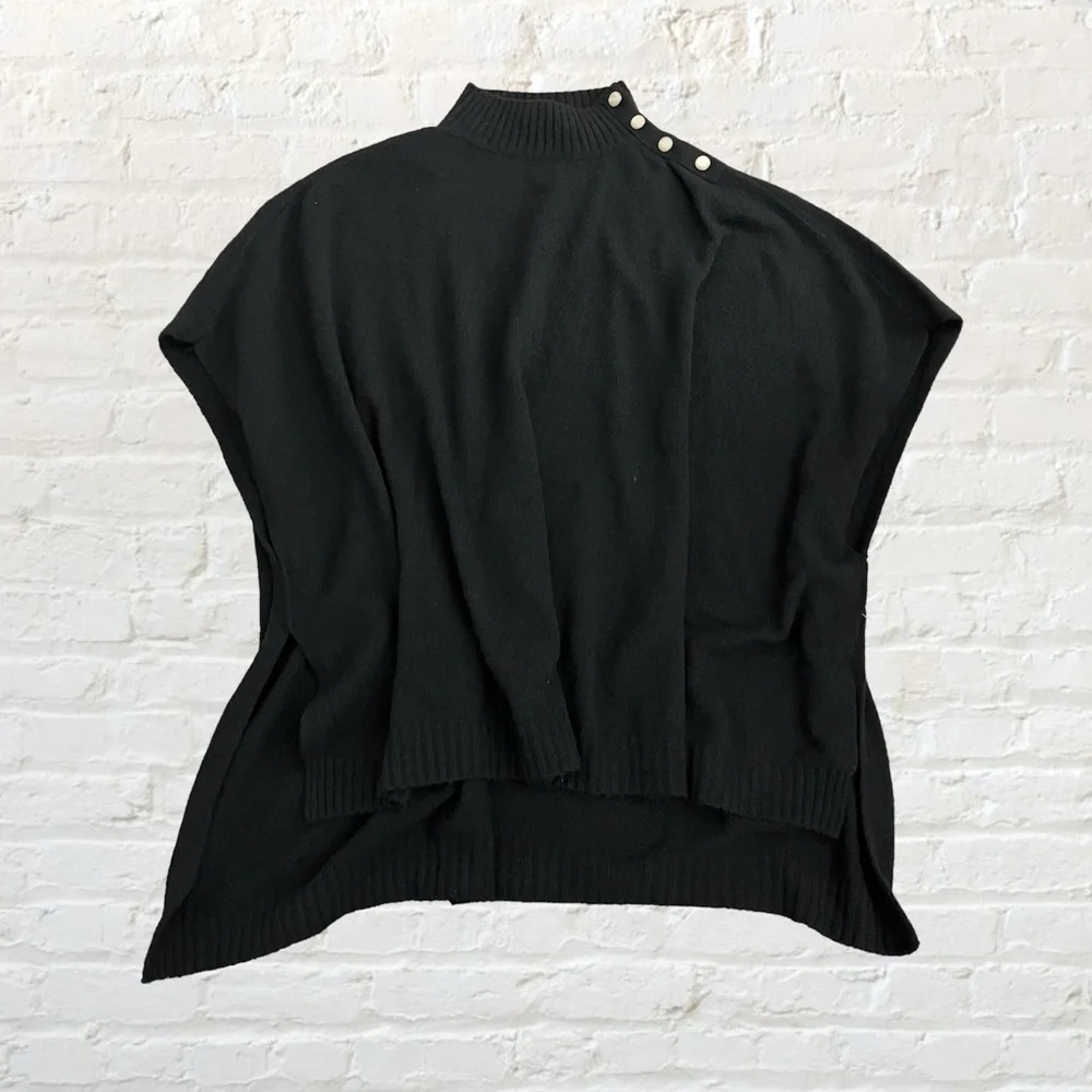 🆕 J.Crew black mockneck with button detail poncho sweater with slit hems - Picture 1 of 12